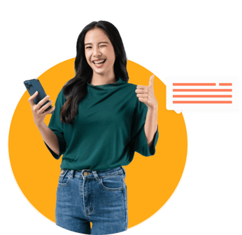 Happy woman in green giving thumbs-up while holding phone, symbolizing trusted professionals.